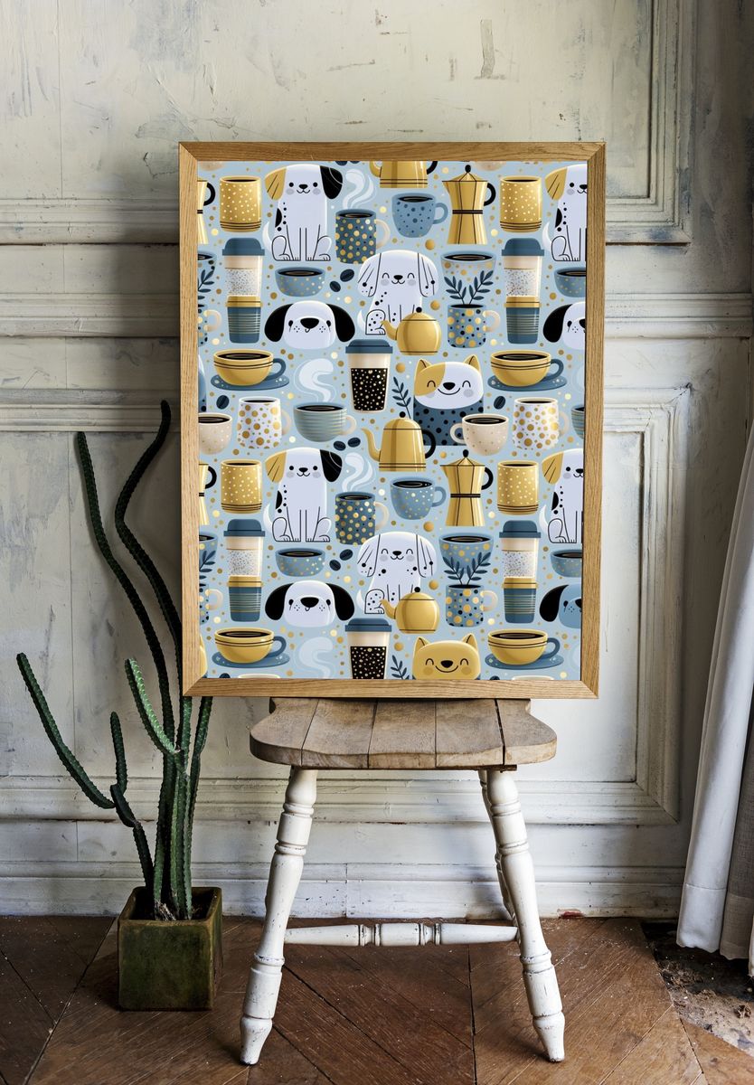 Playful Dogs and Coffee Pattern Poster. room preview