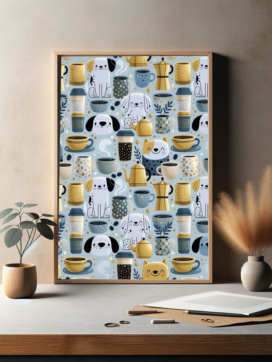 Playful Dogs and Coffee Pattern Poster. — room view 2