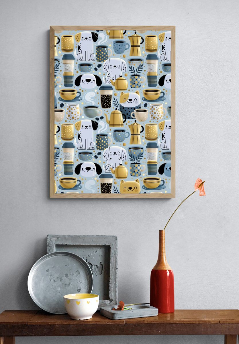 Playful Dogs and Coffee Pattern Poster. — room view 3