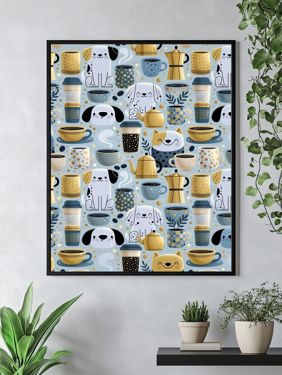 Playful Dogs and Coffee Pattern Poster. — room view 4
