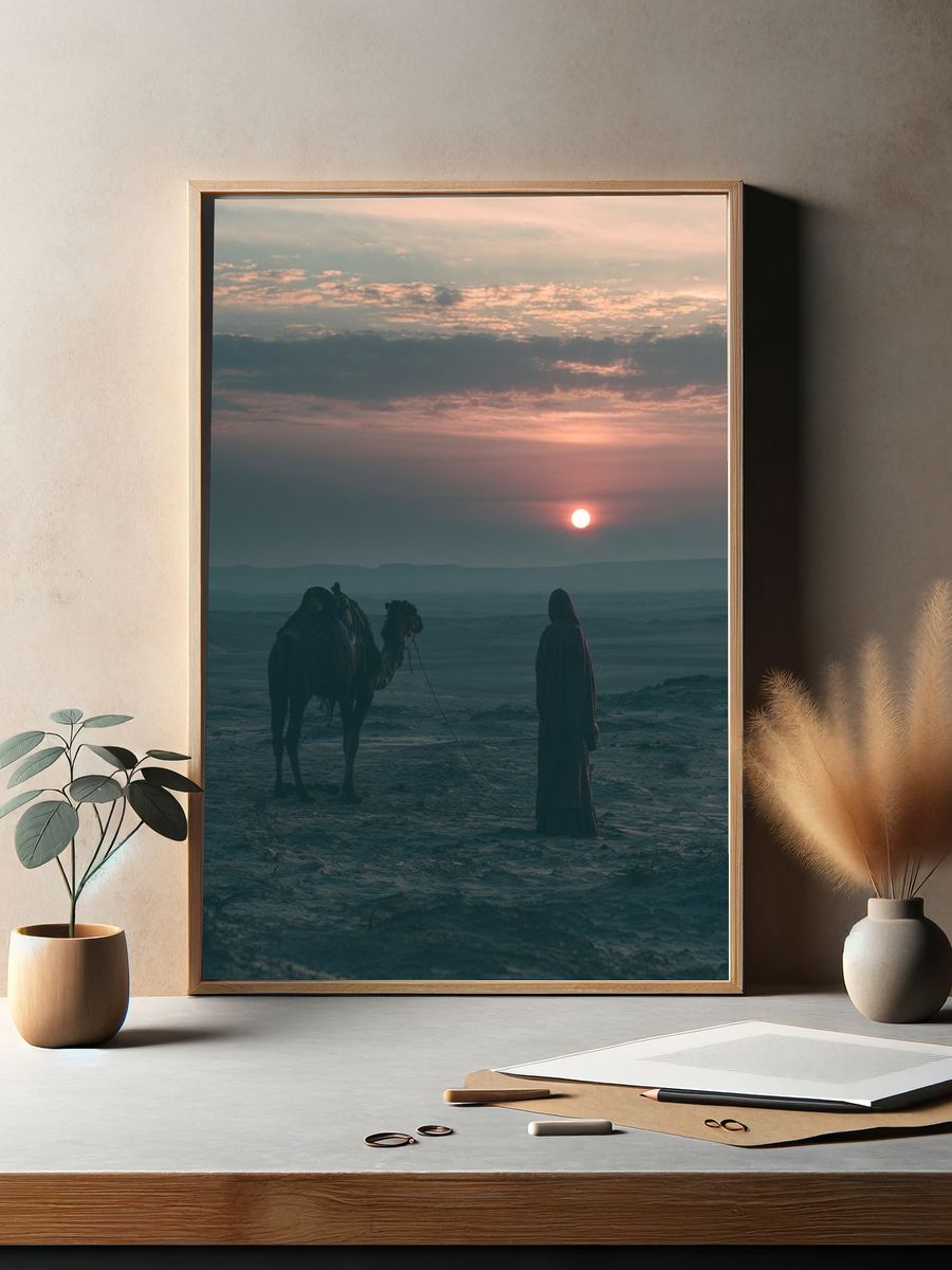 Desert Camel at Sunset Photography Poster. — room view 2