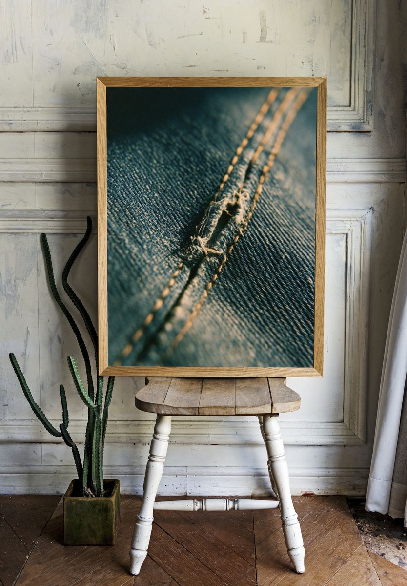 Denim Stitch Macro Photography Poster. — room view 1