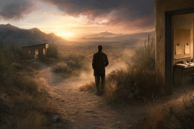 Desert Sunset Solitude Illustration Poster.