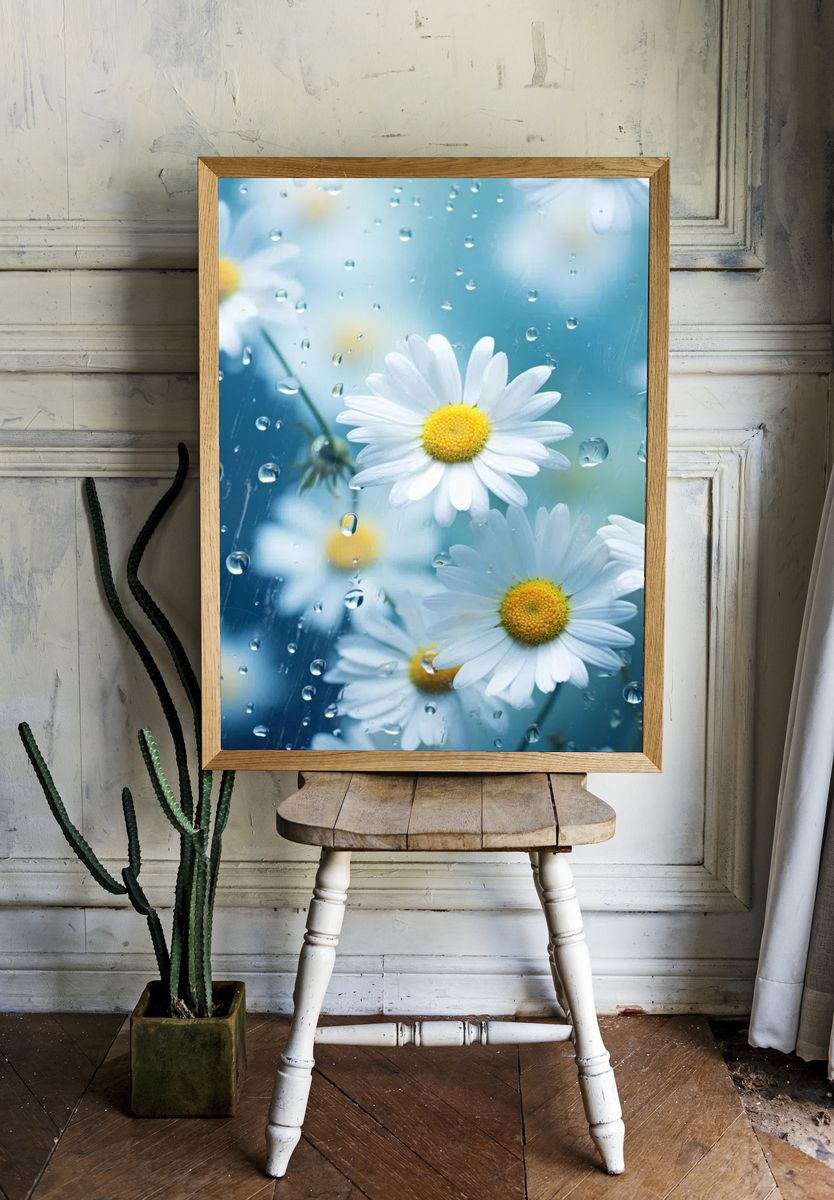 Daisy Flowers in Rain — Photography Print. — room view 1