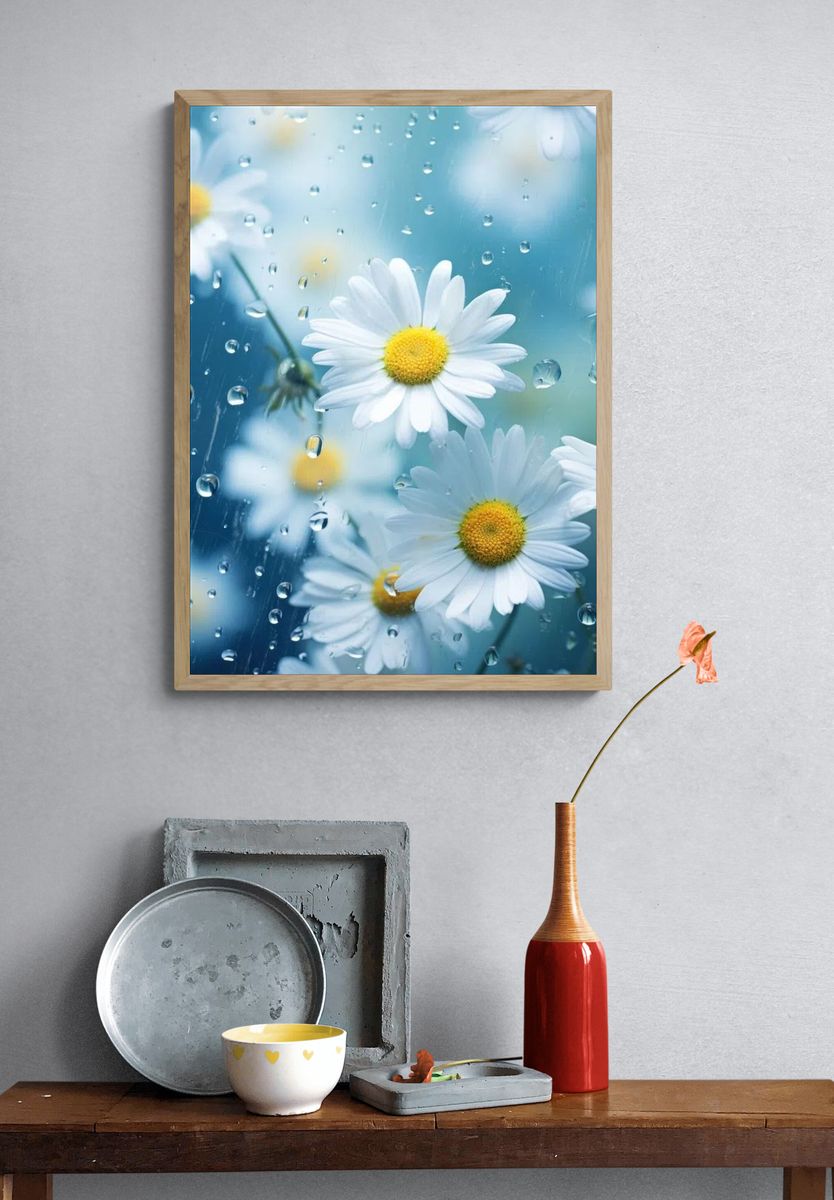 Daisy Flowers in Rain — Photography Print. — room view 3