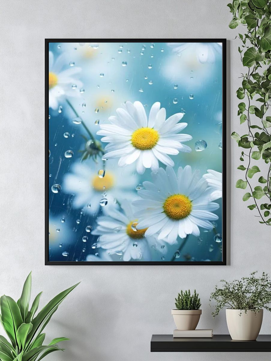 Daisy Flowers in Rain — Photography Print. — room view 4