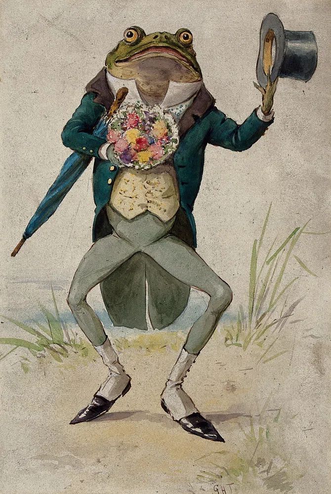 Dapper Frog with Flowers — Vintage Print. poster — vintage art