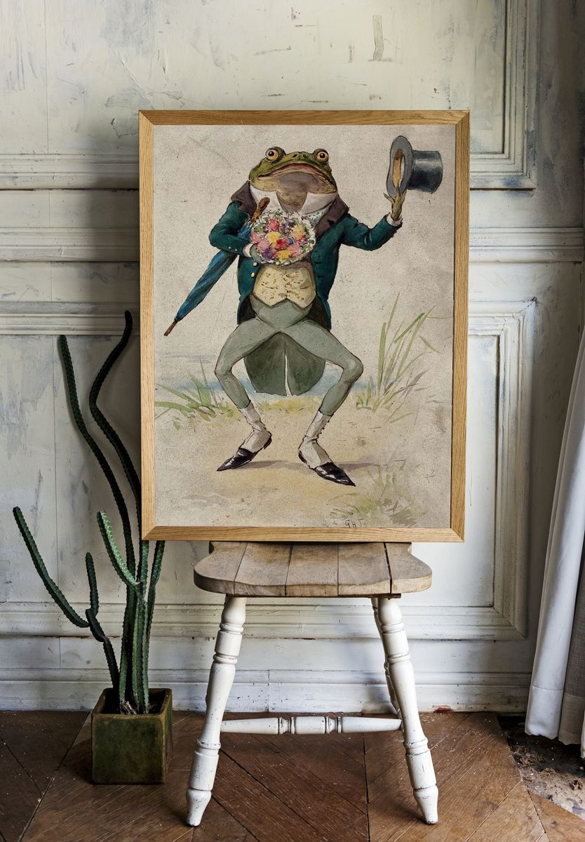 Dapper Frog with Flowers — Vintage Print. — room view 1