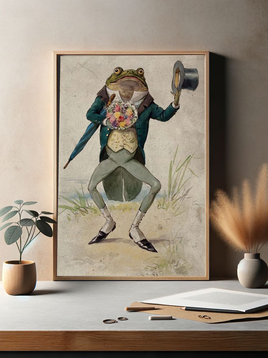 Dapper Frog with Flowers — Vintage Print. — room view 2
