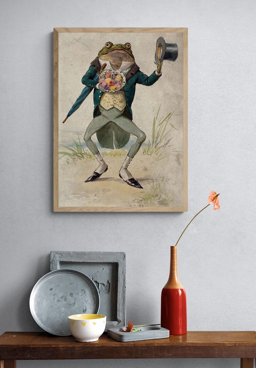 Dapper Frog with Flowers — Vintage Print. — room view 3