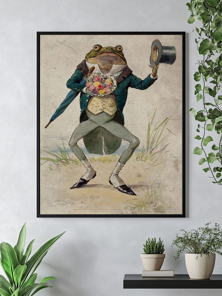 Dapper Frog with Flowers — Vintage Print. — room view 4