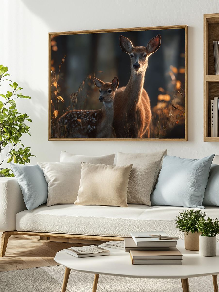 Deer Family in Autumn Forest — Nature Print. — room view 2