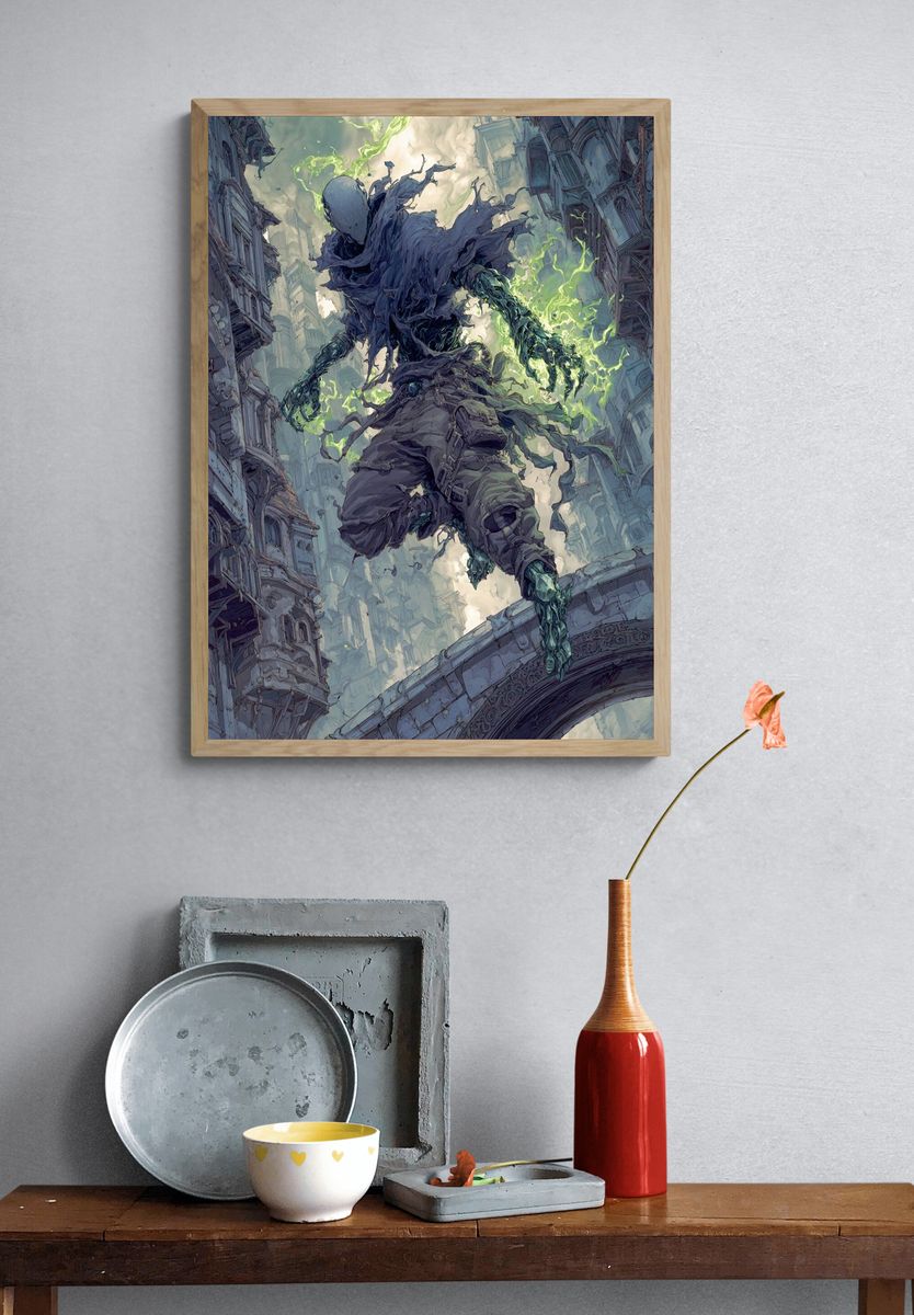 Mystical Figure in Urban Landscape — Digital Art Print. — room view 3