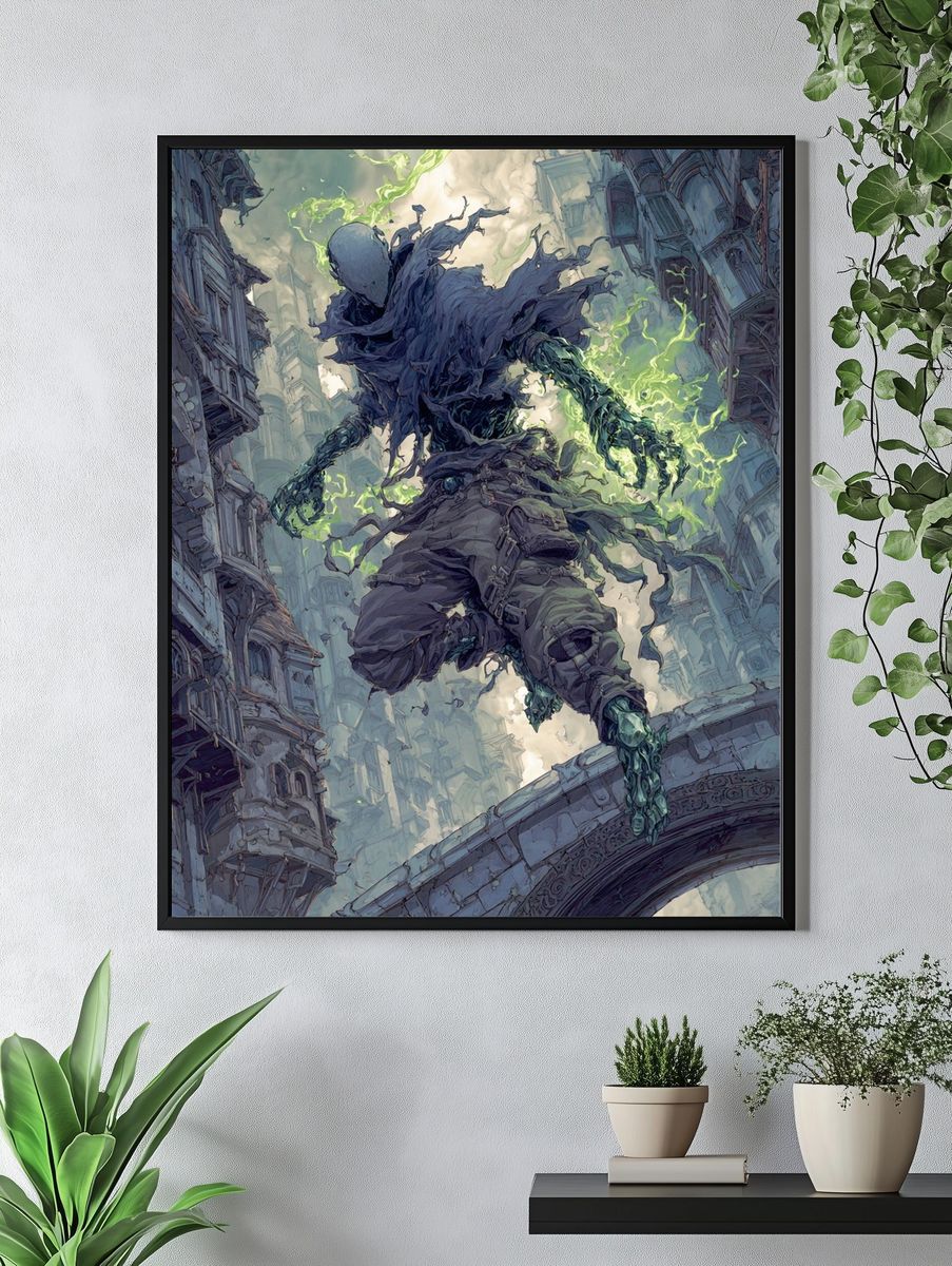 Mystical Figure in Urban Landscape — Digital Art Print. — room view 4