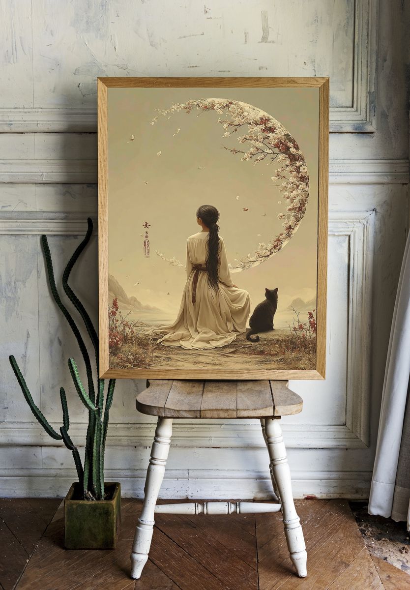 Serene Girl with Cat — Digital Art Print. — room view 1