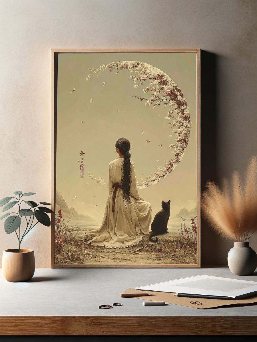 Serene Girl with Cat — Digital Art Print. — room view 2