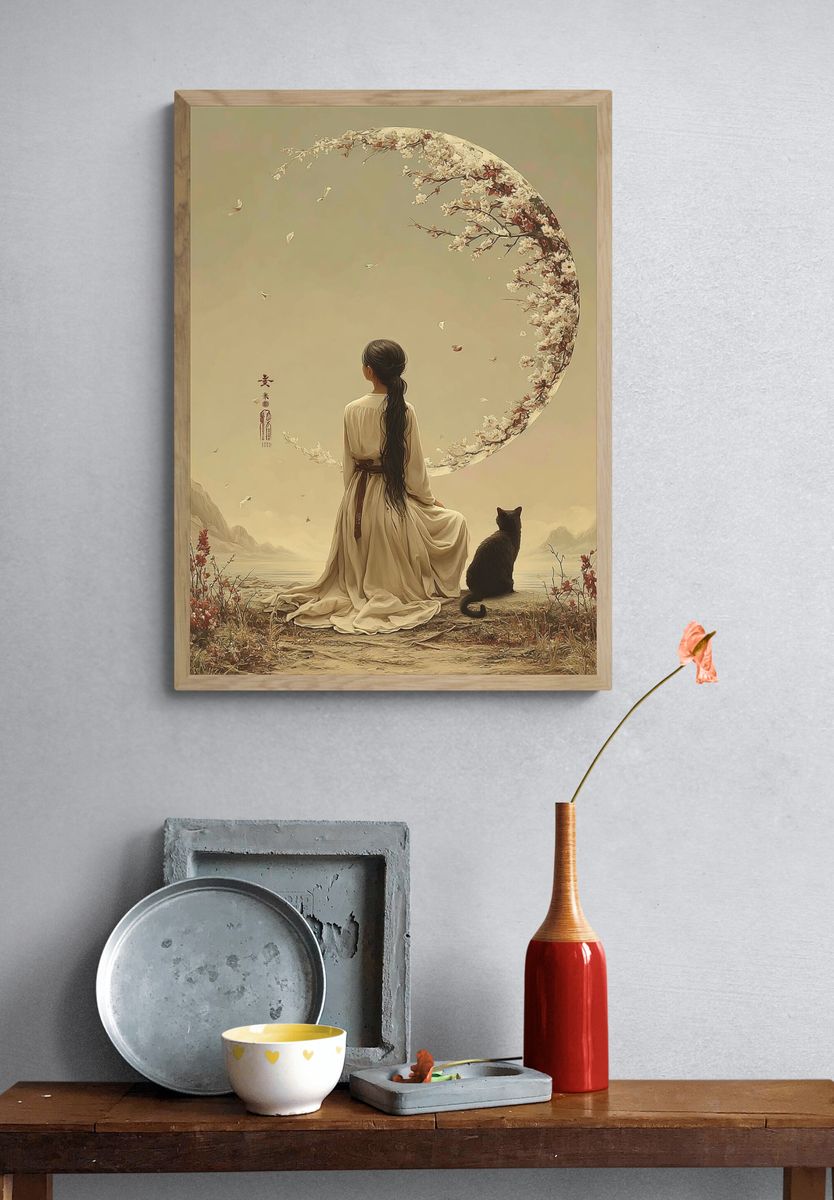 Serene Girl with Cat — Digital Art Print. — room view 3