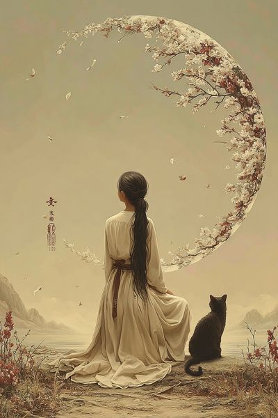 Serene Girl with Cat — Digital Art Print. poster print
