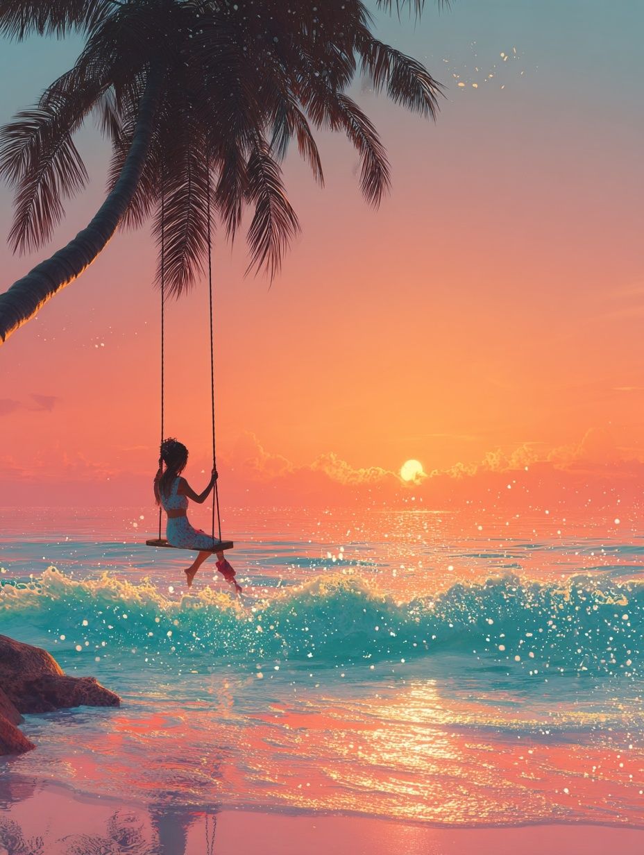 Girl on Swing at Sunset — Digital Art Print. poster detail