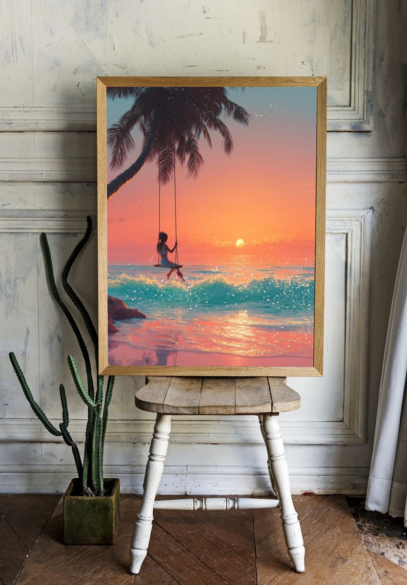 Girl on Swing at Sunset — Digital Art Print. — room view 1