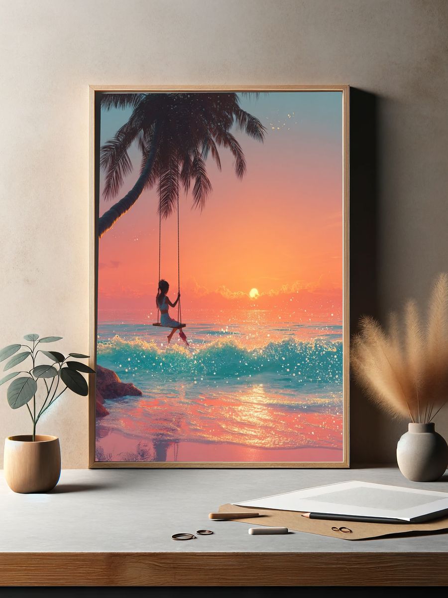 Girl on Swing at Sunset — Digital Art Print. — room view 2