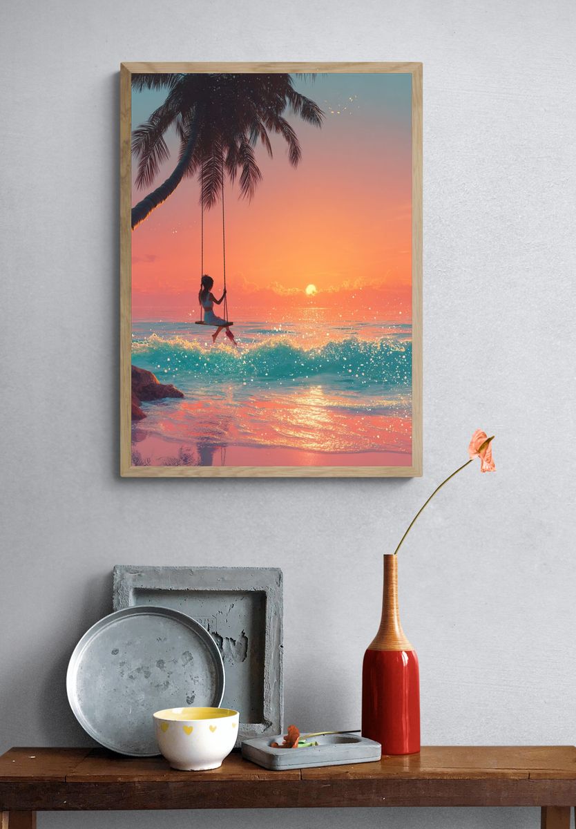Girl on Swing at Sunset — Digital Art Print. — room view 3
