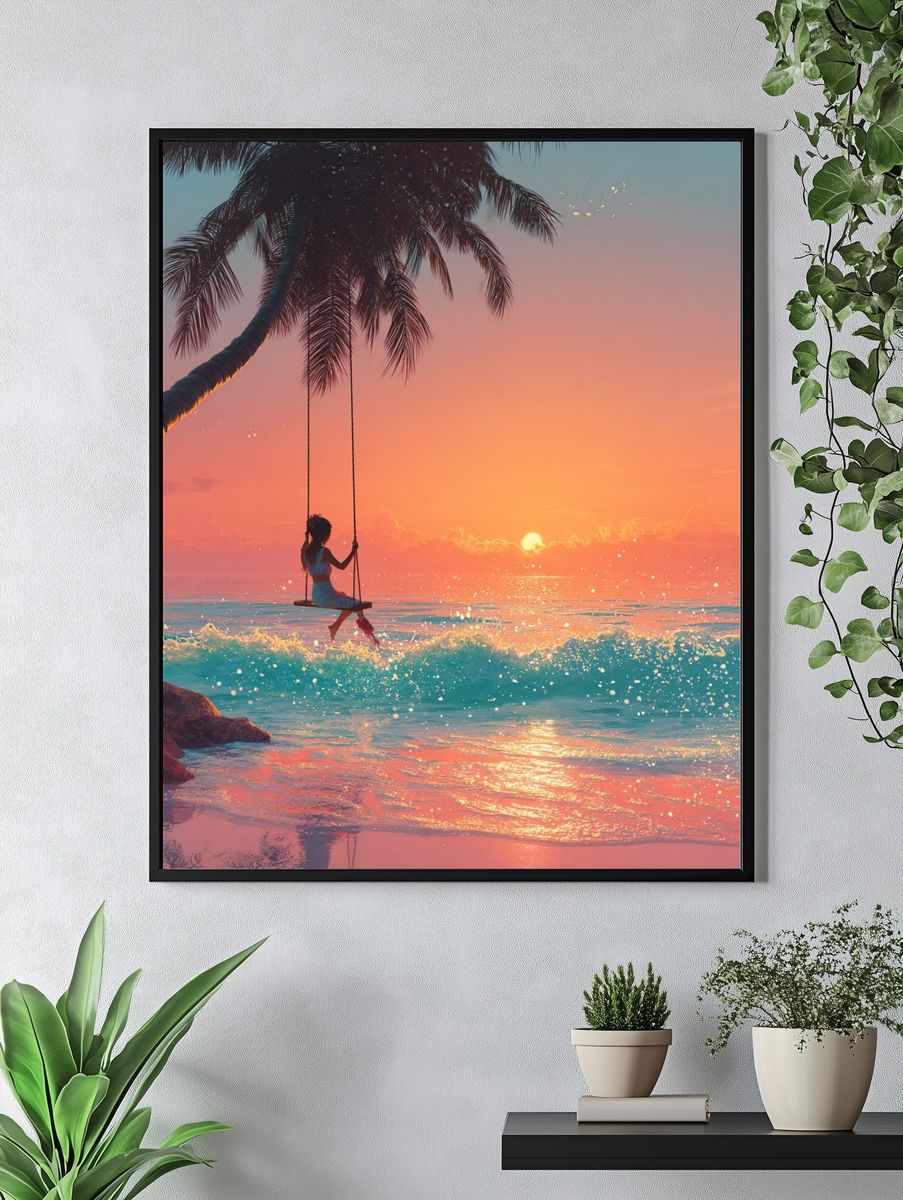 Girl on Swing at Sunset — Digital Art Print. — room view 4