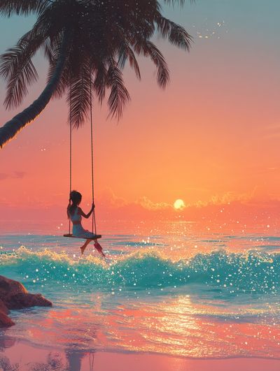 Girl on Swing at Sunset — Digital Art Print. poster print