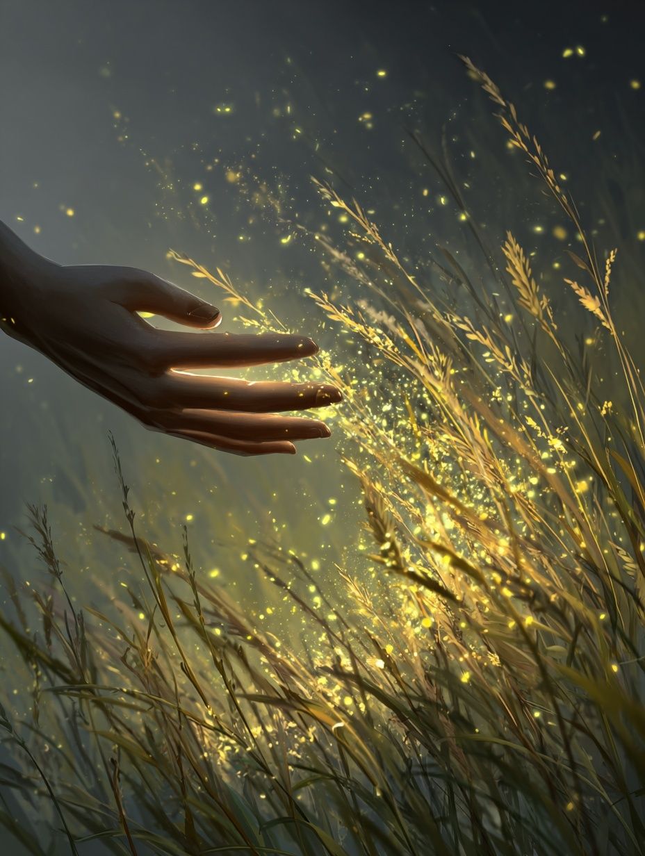Hand Touching Glowing Grass — Digital Art Print. poster — illustration art
