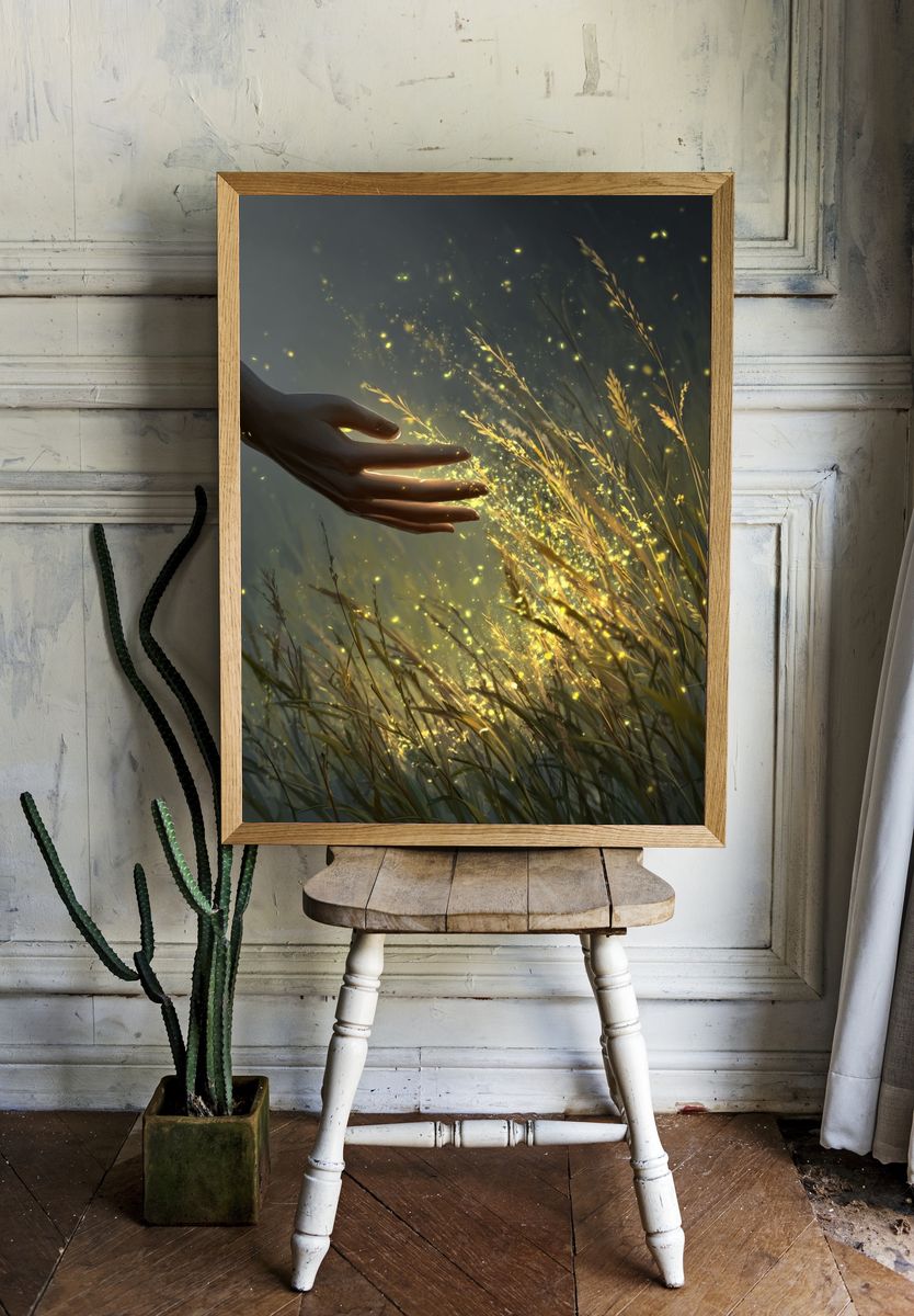 Hand Touching Glowing Grass — Digital Art Print. — room view 1