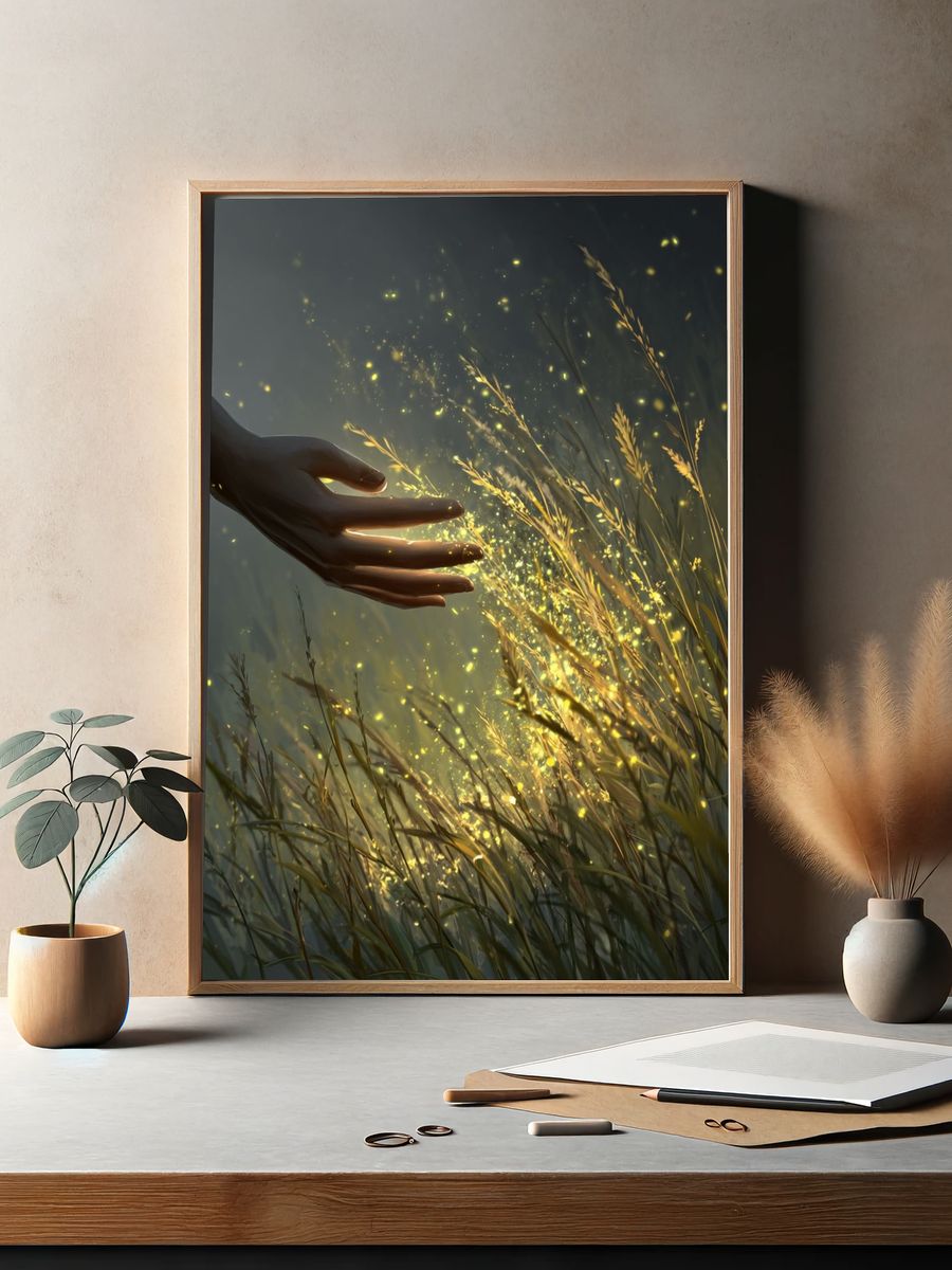 Hand Touching Glowing Grass — Digital Art Print. — room view 2