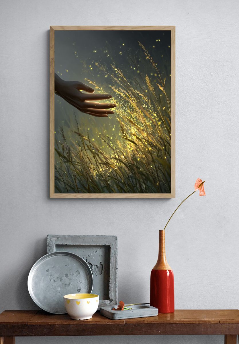 Hand Touching Glowing Grass — Digital Art Print. — room view 3