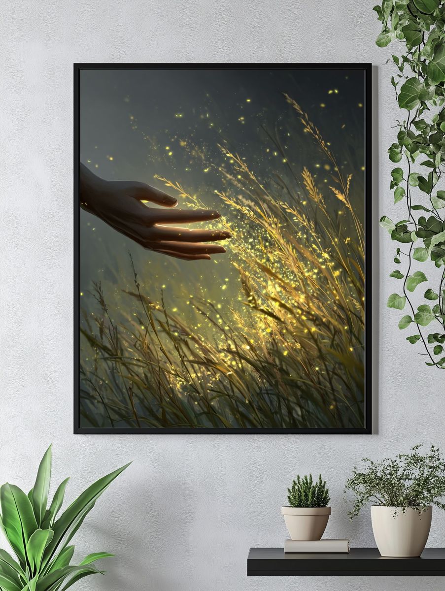 Hand Touching Glowing Grass — Digital Art Print. — room view 4