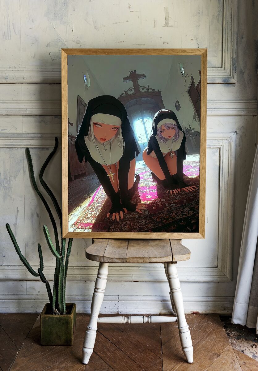 Nuns in a Dimly Lit Room — Digital Art Print. — room view 1
