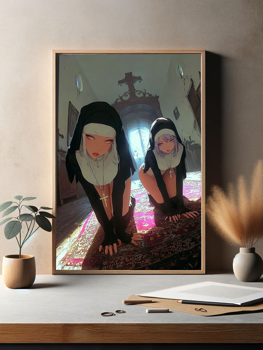 Nuns in a Dimly Lit Room — Digital Art Print. — room view 2