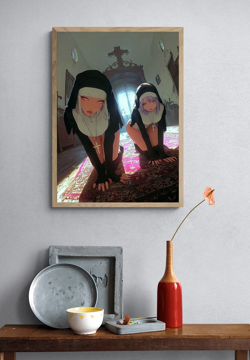 Nuns in a Dimly Lit Room — Digital Art Print. — room view 3