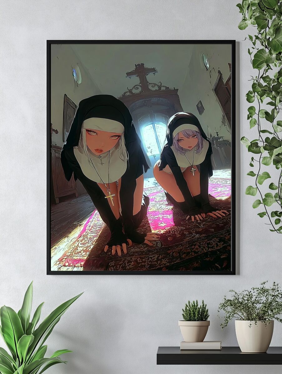 Nuns in a Dimly Lit Room — Digital Art Print. — room view 4