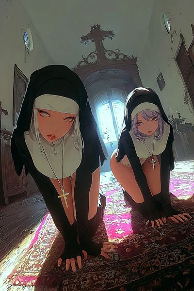 Nuns in a Dimly Lit Room — Digital Art Print. poster print