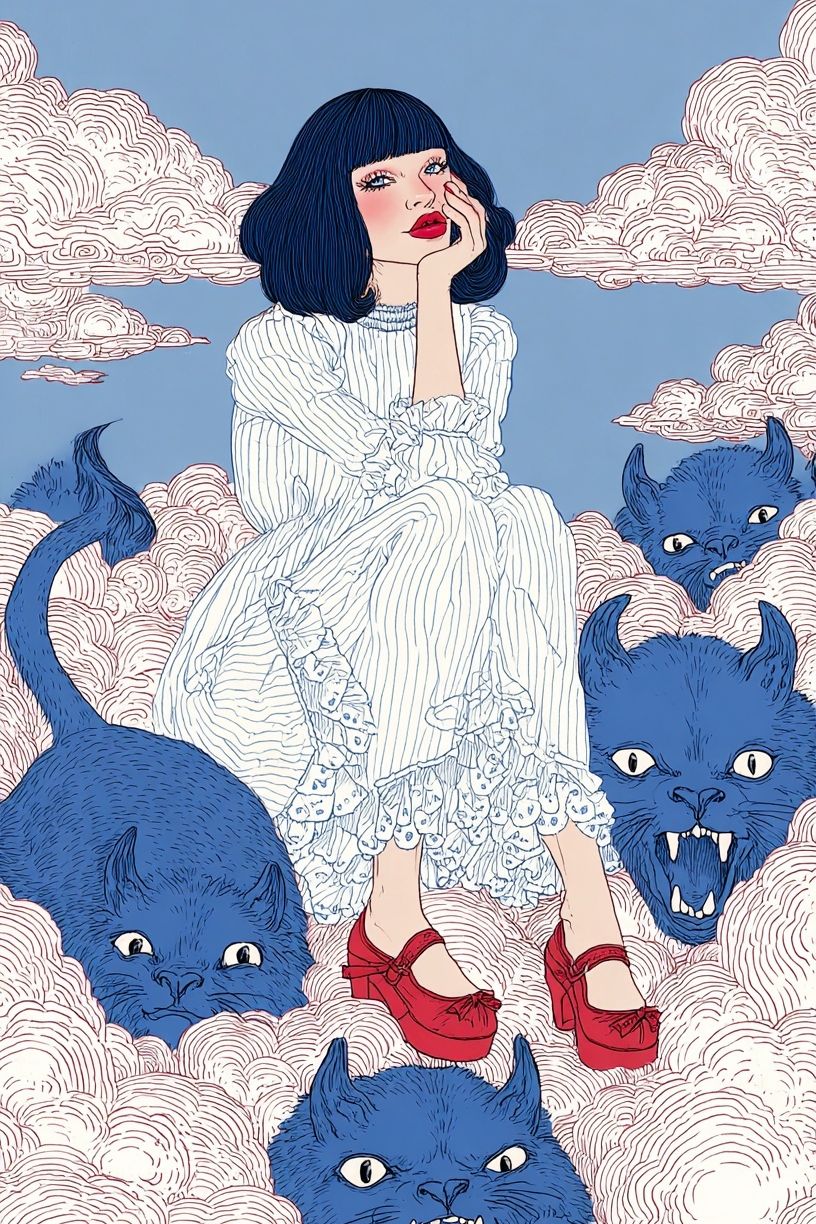 Dreamy Girl with Blue Monsters — Illustration Print. poster detail