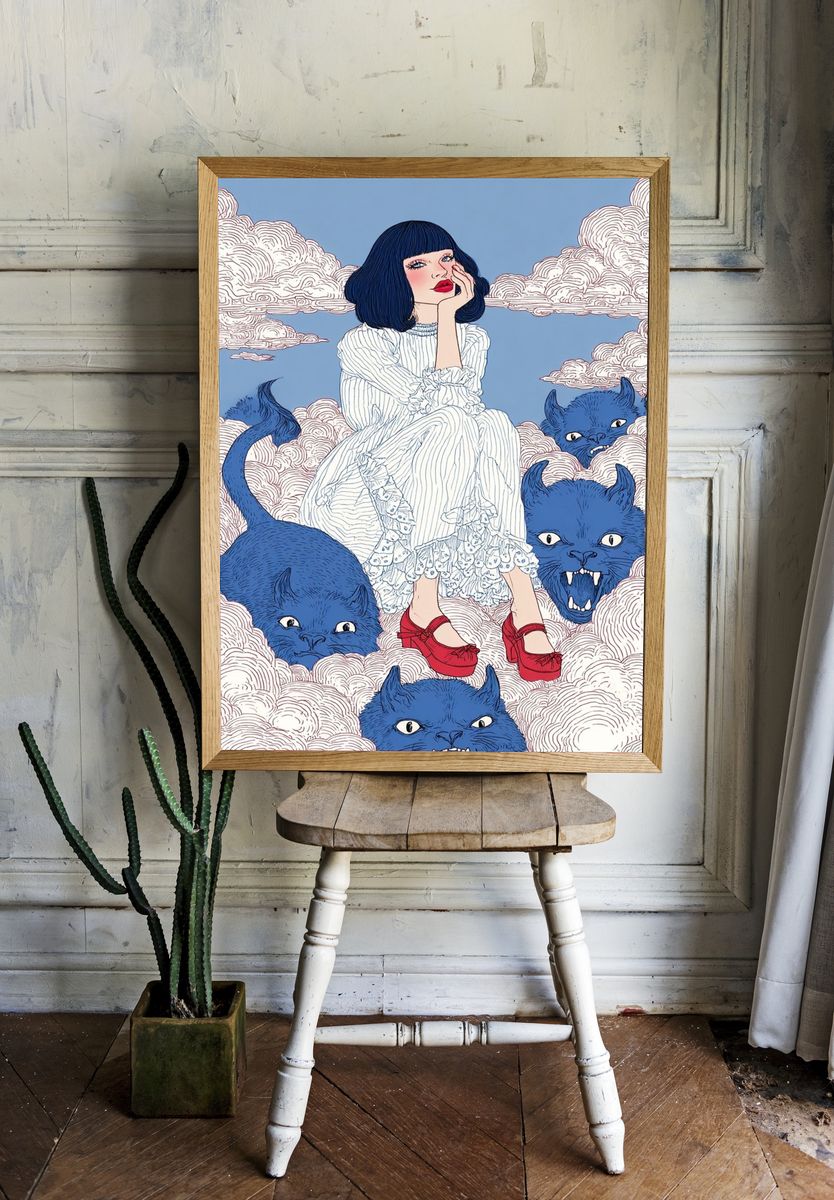 Dreamy Girl with Blue Monsters — Illustration Print. — room view 1