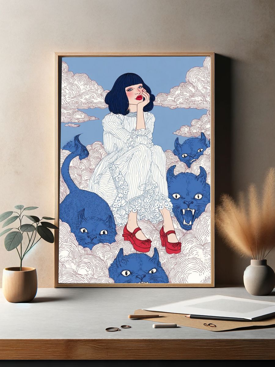 Dreamy Girl with Blue Monsters — Illustration Print. — room view 2