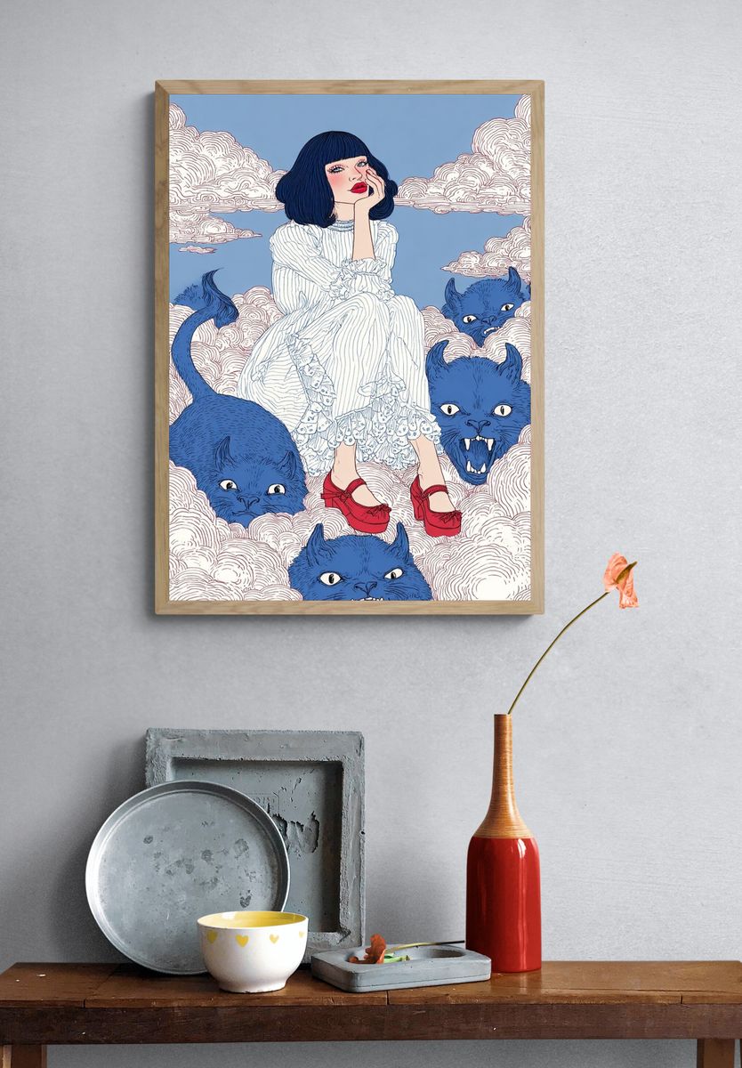 Dreamy Girl with Blue Monsters — Illustration Print. — room view 3