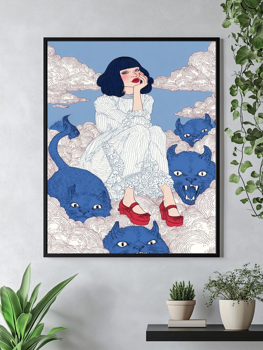 Dreamy Girl with Blue Monsters — Illustration Print. — room view 4