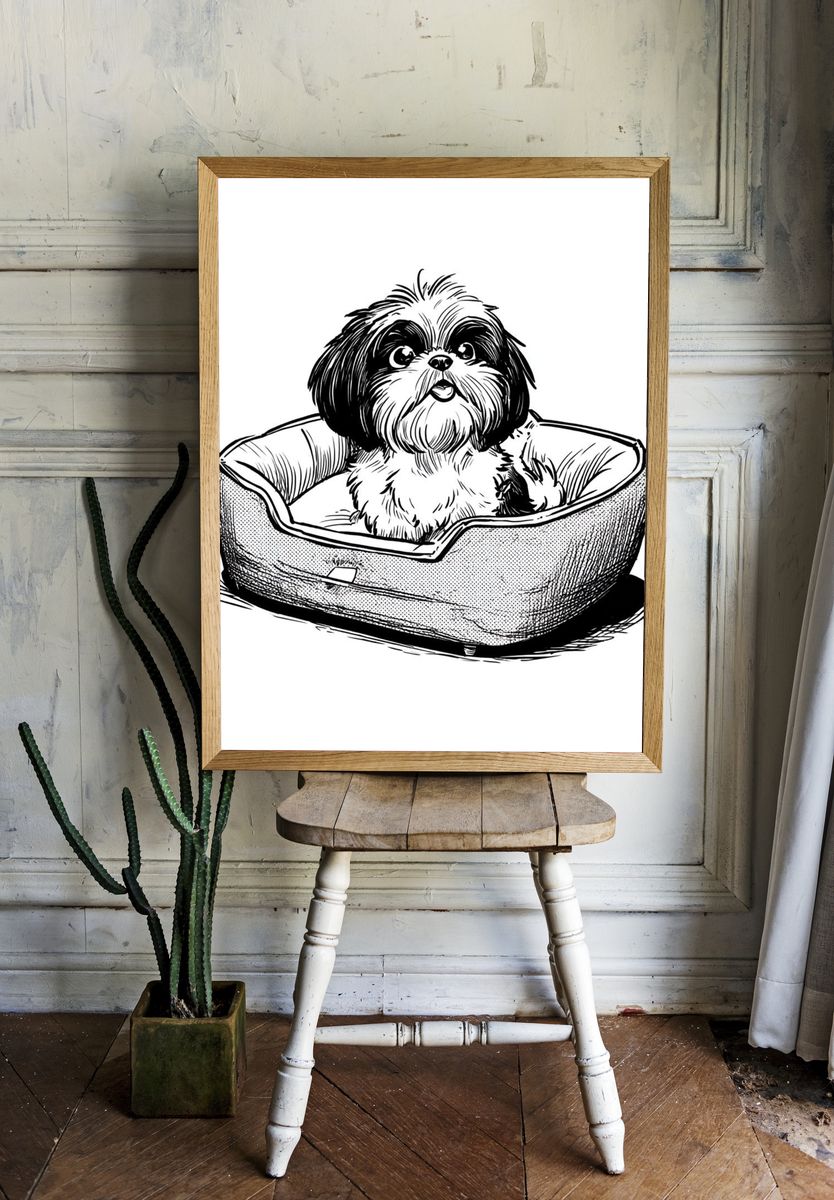 Cute Dog in Bed — Illustration Print. — room view 1