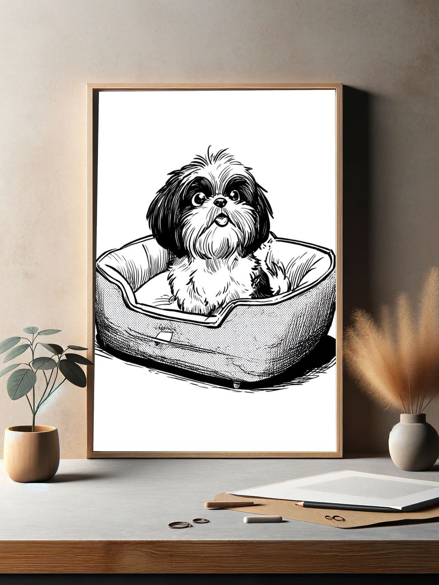 Cute Dog in Bed — Illustration Print. — room view 2