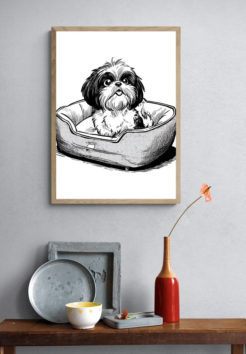 Cute Dog in Bed — Illustration Print. — room view 3