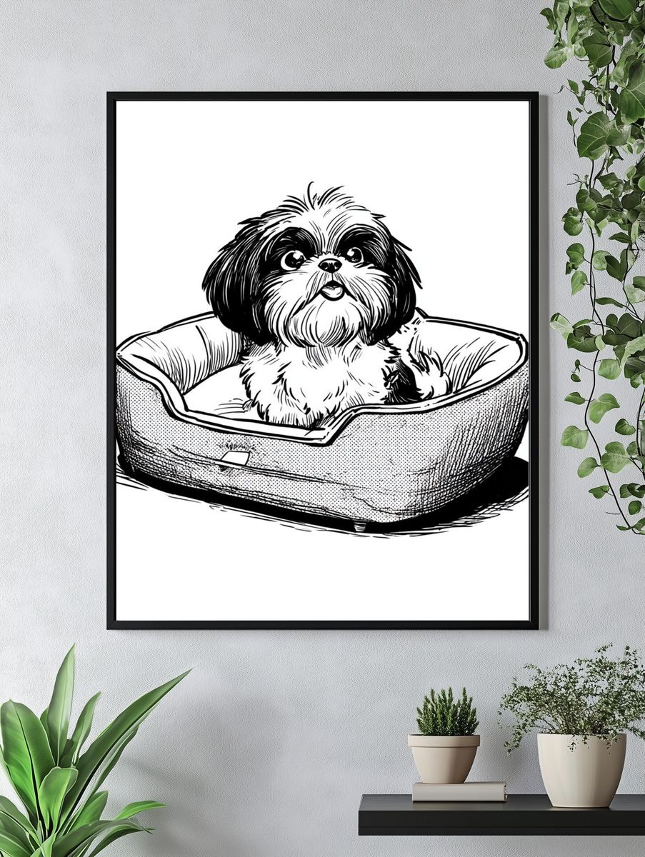 Cute Dog in Bed — Illustration Print. — room view 4