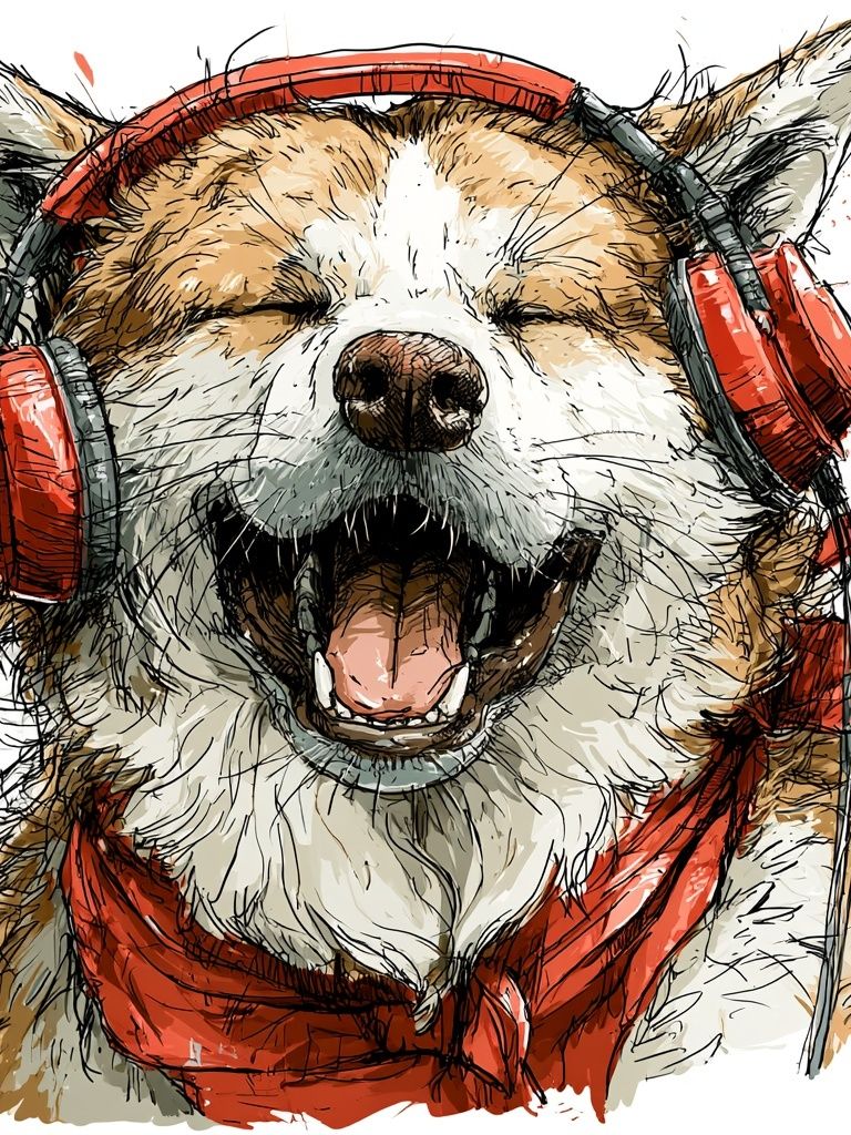 Happy Dog with Headphones Illustration Poster. poster detail