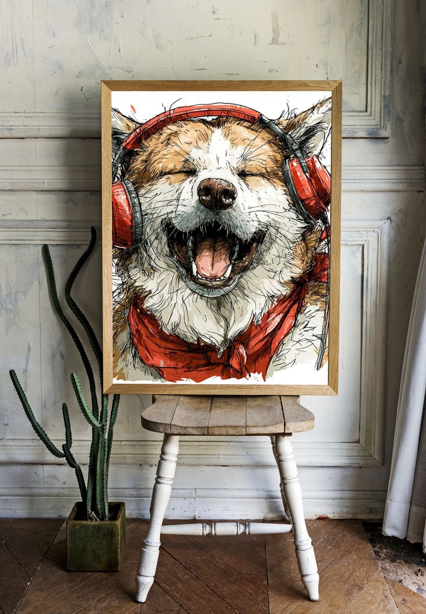 Happy Dog with Headphones Illustration Poster. — room view 1