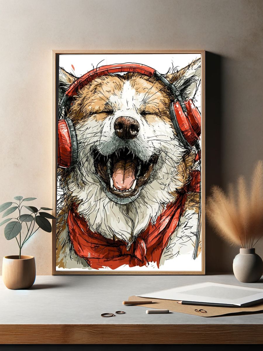 Happy Dog with Headphones Illustration Poster. — room view 2
